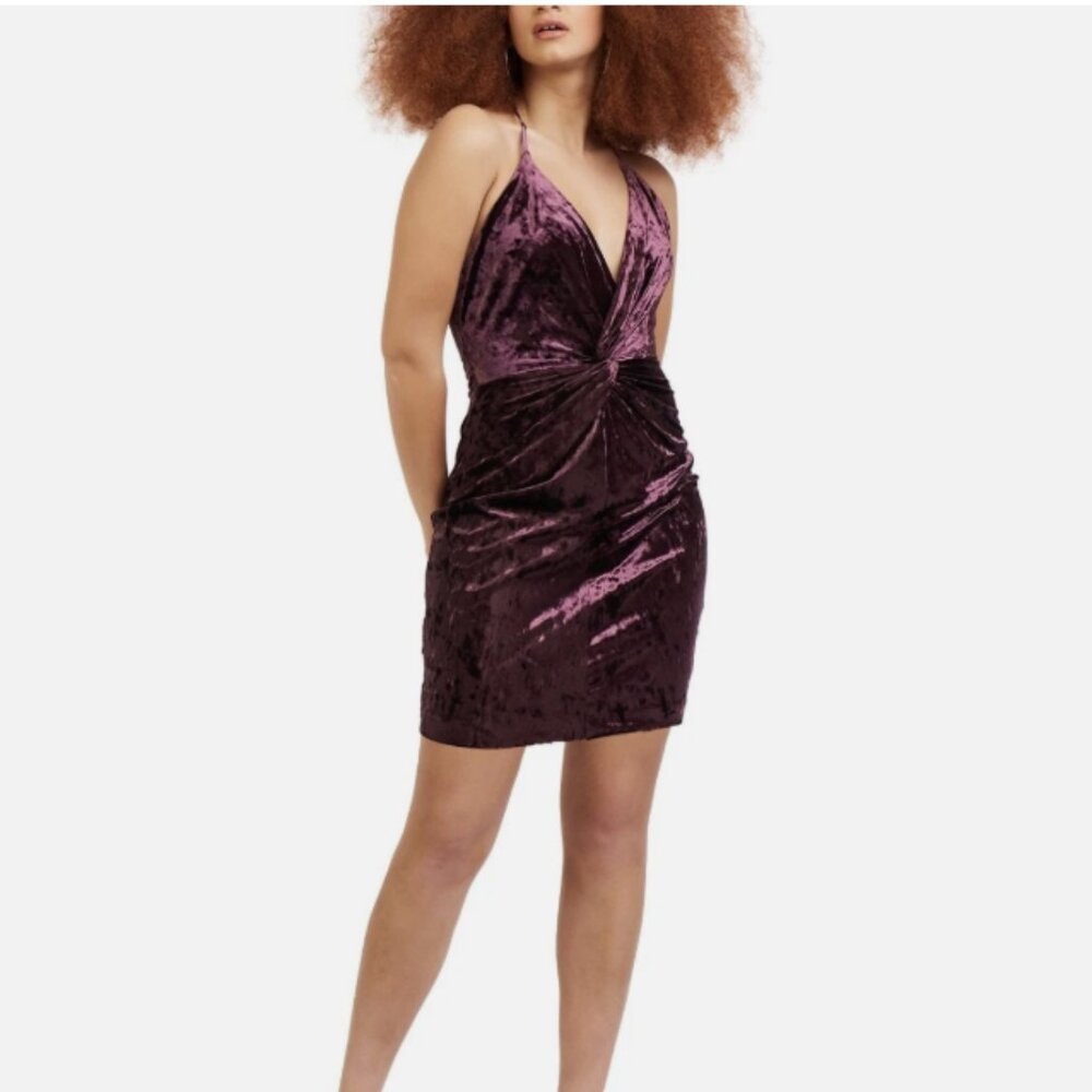 NWT DEX Crushed Velvet Plum Mini Dress Twist Front Party Size M